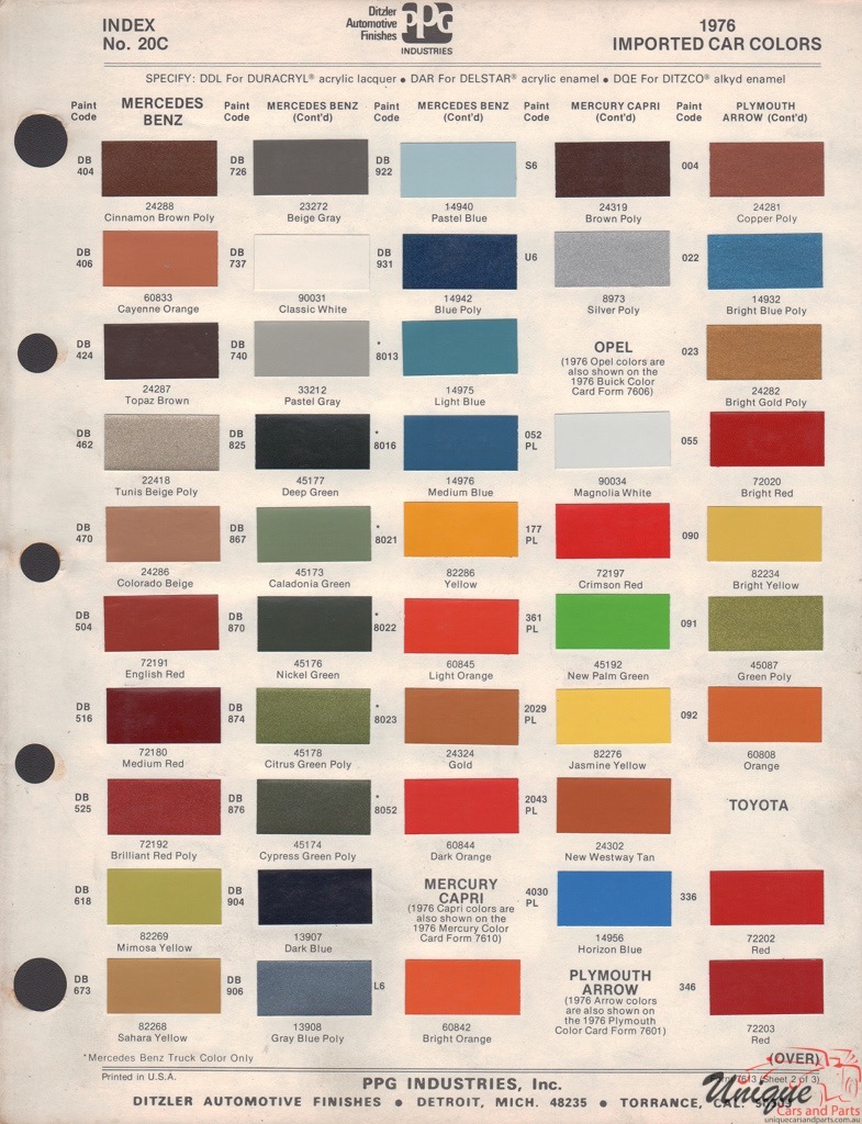 1976 Opel Paint Charts PPG 1